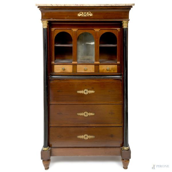 Secretaire in mogano Impero a tre cassetti al fronte, XIX secolo, (sportello a ribalta mancante, ...