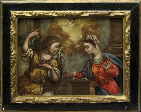 Pittore del XVII secolo, Annunciazione, olio su tela, cm 45 x 60, entro cornice.