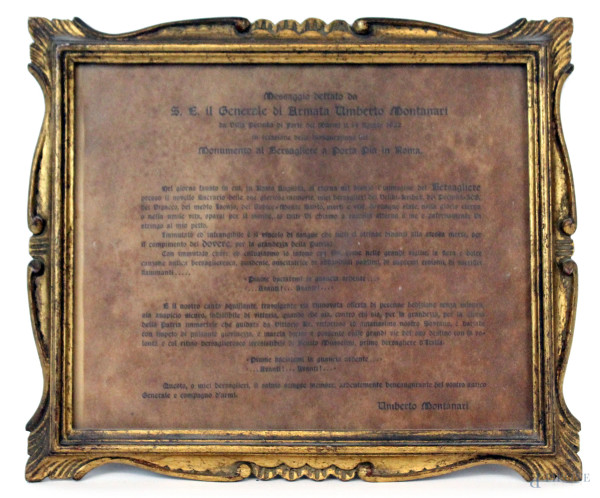 Messaggio dettato da S.E. il Generale di Armata Umberto Montanari, cm 24x30, XX secolo, entro cornice.