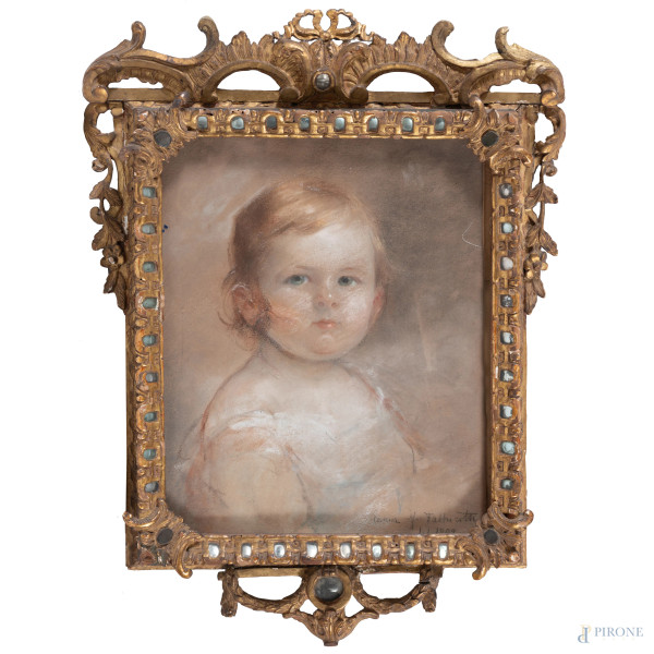 Ritratto di bambina, pastello su carta, cm 37x31, firmato e datato 