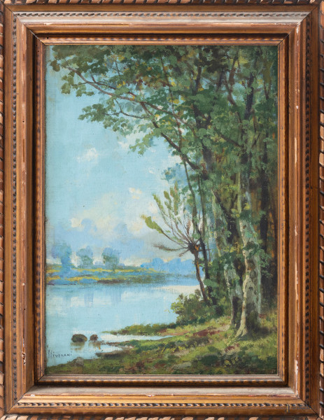Paesaggio fluviale, XX secolo, olio su cartone, cm 48x34, firmato in basso a sinistra, entro cornice, (tracce di umidità, segni di usura, cadute di colore)