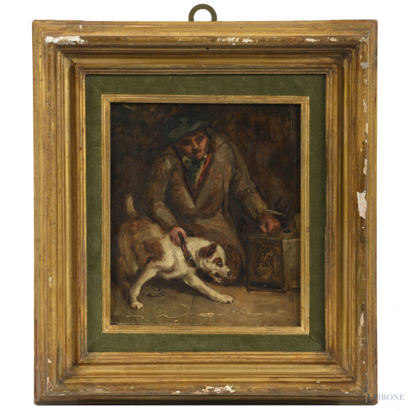 Uomo con cane, XX secolo, olio su tavoletta, cm 22x13, entro corinice, (segni di usura, abrasioni)