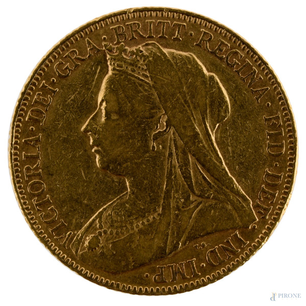 Moneta del 1900 in oro raffigurante la regina Vittoria e San Giorgio che uccide il Drago al retro, diametro 20 mm, peso gr 7,98