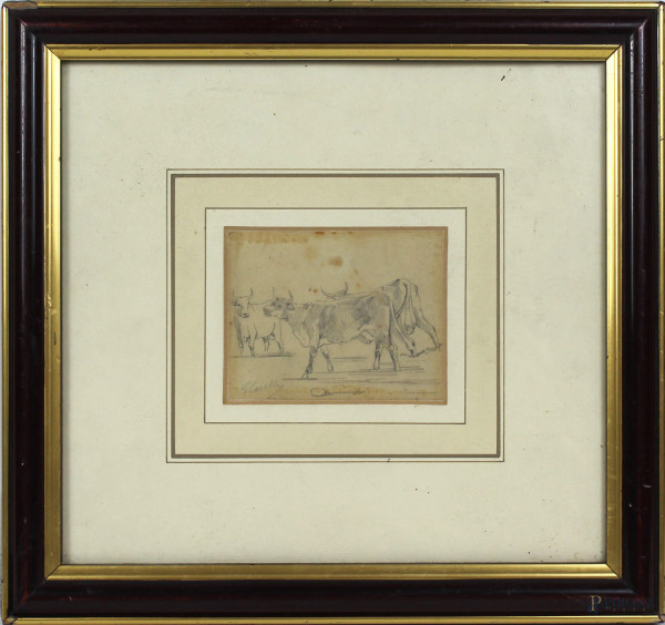 Mucche, disegno a matita su carta, cm. 7,5x9,5, firmato Carelli, entro cornice.