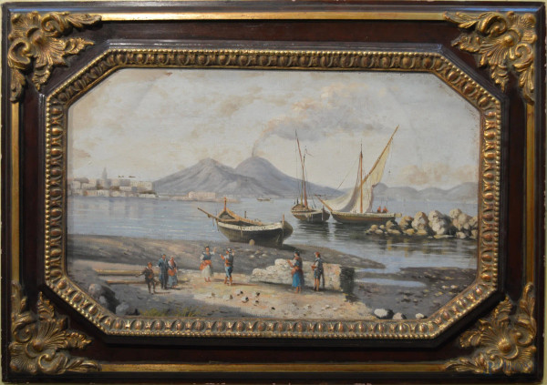 Scorcio di costa napoletana con barche e figure su sfondo Vesuvio, dipinto di scuola napoletana ad olio su tela 60x38 cm, entro cornice.