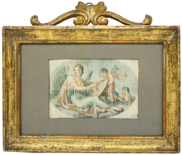 Allegoria delle arti con putti, tecnica mista su seta, cm 12x18, siglato, XIX secolo, entro cornice.
