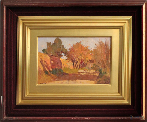 Angiolo Volpe - Paesaggio, olio su tavola, cm 27 x 18, entro cornice.