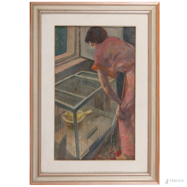 GUELFO GHERLINZONI (1906-1968) Donna con canarino, XX secolo, olio su tela applicata su cartone, cm 58x35, entro cornice
