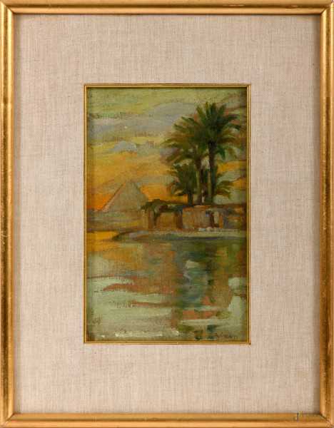 Paesaggio orientalista, olio su tela applicata su cartone, XX secolo, cm 22x14,5, entro cornice, (difetti)