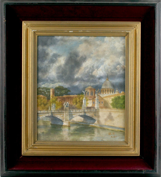 Veduta del Tevere con ponte Vittorio Emanuele II e San Pietro, acquarello su carta, cm 32,5x27, siglato, entro cornice