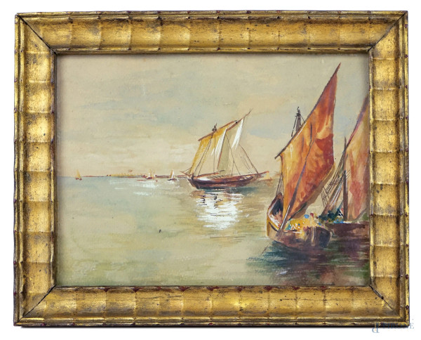 Marina, acquarello su carta, cm 18x24, XX secolo.