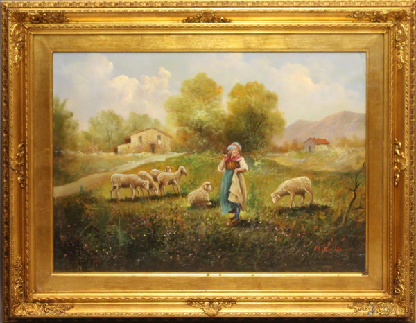 Paesaggio campestre con pastorella e gregge, olio su tela cm 50x70, firmato, entro cornice.