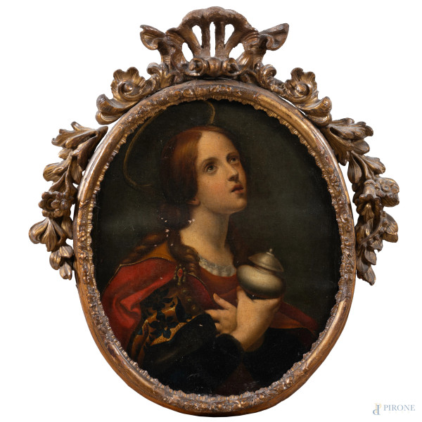 Copia da Carlo Dolci, Maria Maddalena, , XIX secolo, olio su tela a serto ovale, cm 35x5x28,5, entro cornice (segni di usura, sollevamenti e cadute di colore, ondulazioni della tela, difetti)