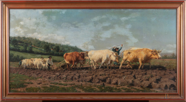 Paesaggio con armenti da Rosa Bonheur, XX secolo, olio su tela, cm 66x130, entro cornice, (segni di usura, piccole cadute di colore)