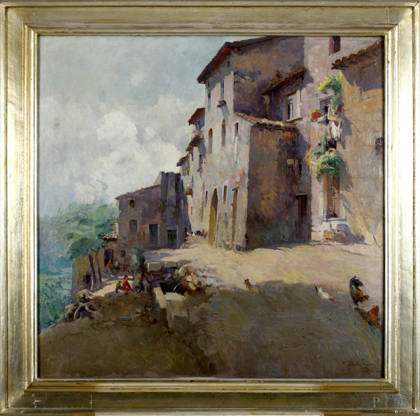 Dante Ricci - Una giornata di primavera, olio su tela, cm 98x98, firmato e iscritto "Roma" in basso a destra, entro cornice, (lievi segni di usura e cadute di colore). 
