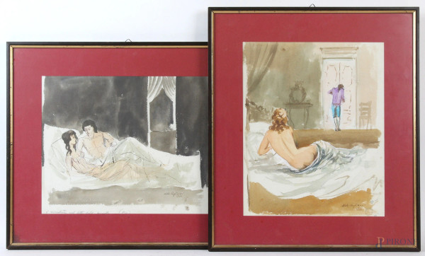 Coppia di acquarelli raffiguranti scene erotiche, cm 23,5x29,5, firmati e datati, entro cornici.