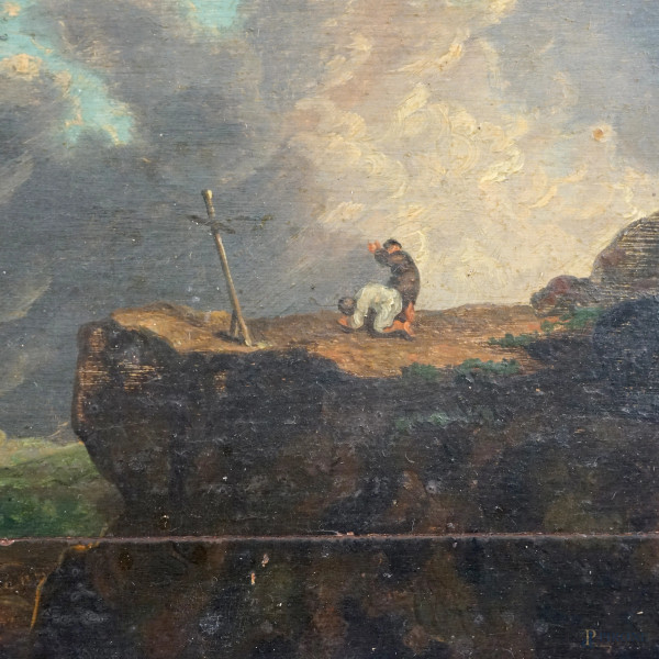 Paesaggio con figure, sec. XIX, olio su tavola, cm 29,5x40,5, entro cornice, (difetti e fessurazi...