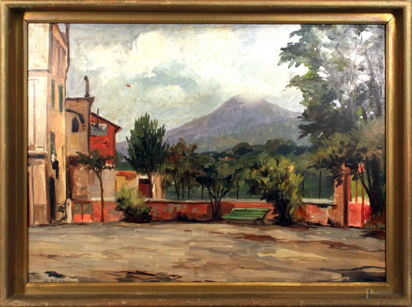 Scorcio di piazza, olio su masonite, cm. 51x70, firmato F. Menzio.