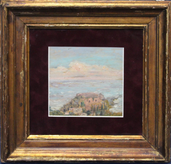 Veduta di Taormina, olio su tavola, 15x15 cm, entro cornice firmato.
