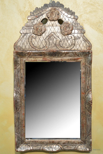 Specchiera con cimasa in legno argentato a mecca, Francia XIX sec. cm 60x30