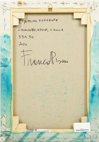 Franca Pisani (Grosseto, 1956), L'attimo fuggente, lino cotto, ossidi e lacca su tela, cm 50x35, ...