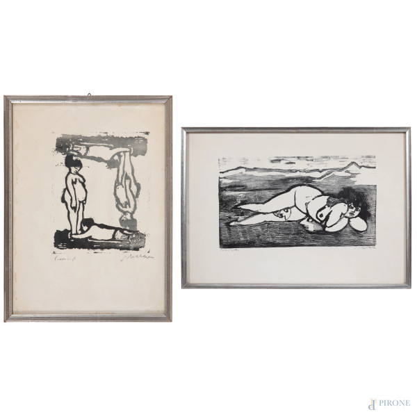 Lotto di due xilografie di Mino Maccari, una prova d'autore e una prova di stampa, misure massime cm 50x71, entro cornice, entrambe firmate in basso, (segni di umidità)