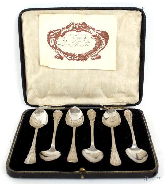 Sei cucchiaini in argento, Birmingham, 1911, entro custodia, gr. 56