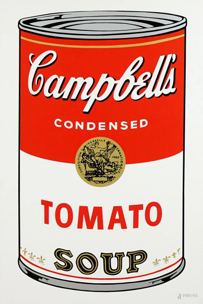 After Andy Warhol (1928-1987), Campbell's  Tomato Soup, Sunday B. Morning , 2000ca., serigrafia a colori su carta, cm 89x58,5, con timbro blu sul retro: "Fill in your signature" e "Published by Sunday B.Morning", (difetti sulla carta).