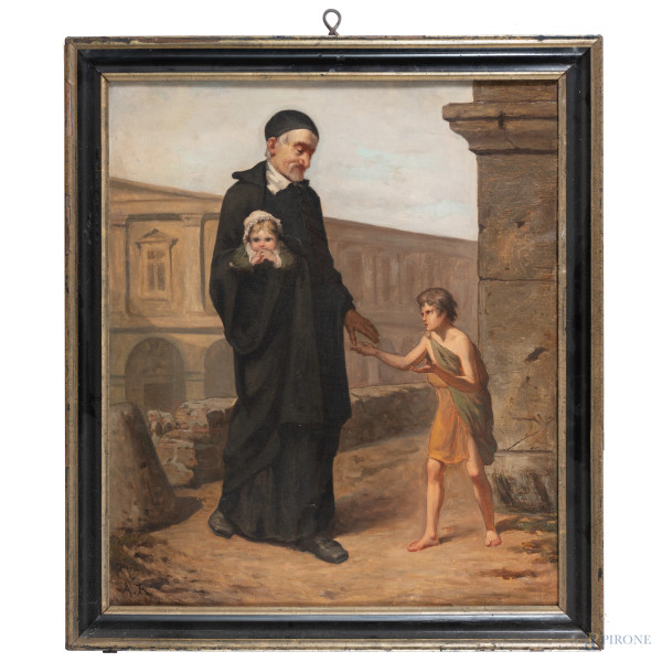 L'elemosina, XIX secolo, olio su tela, cm 77x65, siglato in basso a destra, entro cornice