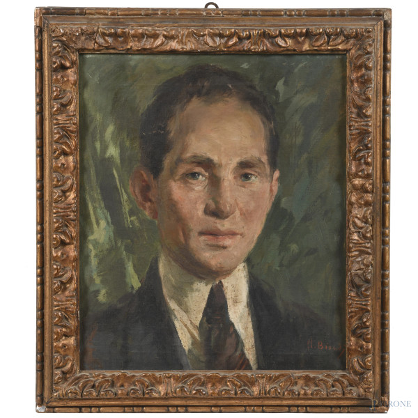 Nicola Biondi (1866-1929), Ritratto virile, olio su tela, cm 39x33, firmato in basso a destra, entro cornice, (segni di usura, craquelure, segni battitura del telaio, piccoli fori)