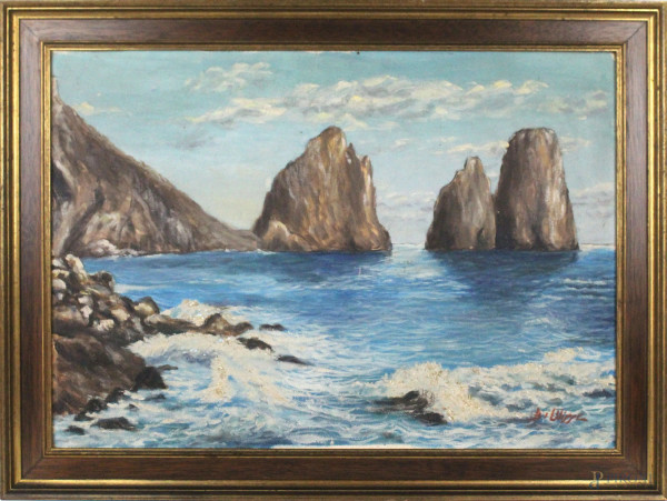 I Faraglioni di Capri, olio su tela, cm 44,5x63, firmato, entro cornice