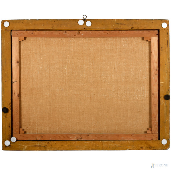 Sacra famiglia entro paesaggio con putti e angelo, olio su tela, cm 99x73, XVIII secolo, (difetti...