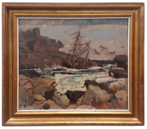 Luigi Surdi La flotta dei pirati, 1931, olio su tavola, cm 48x57, firma e data in basso a destra, firma e titolo al retro