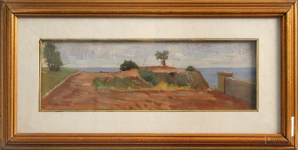 Adolfo Tommasi - Paesaggio maremmano, olio su tavola, cm 14 x 43, entro cornice.