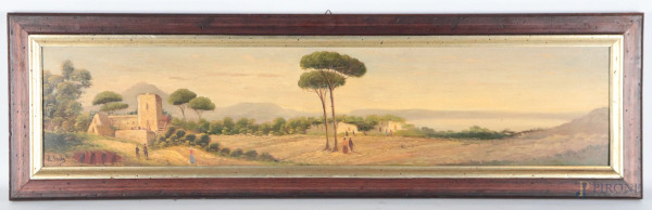 Paesaggio con lago e case, XX secolo, olio su tavoletta, cm 20x90, firmato in basso a sinistra, entro cornice, (segni di usura)