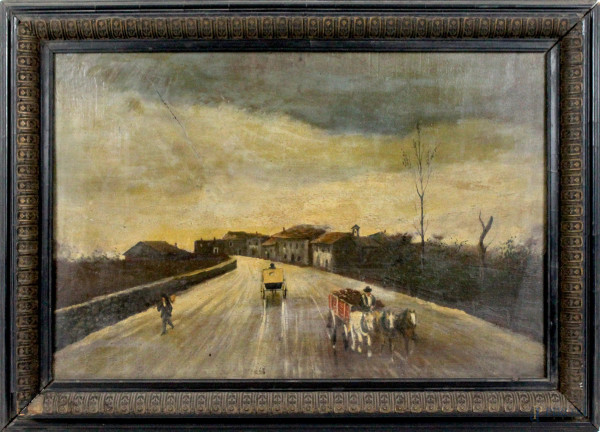 Paesaggio con strada, olio su tavola, cm. 31x45, fine XIX secolo, entro cornice.