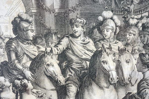 Lotto di due stampe raffigutanti episodi dell'Orlando Furioso, riproduzioni del XX secolo, misure...