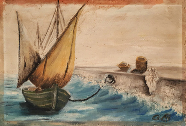Artista seguace del Carr&#224;, Marina con barca al molo, opera della fine degli anni 40, olio su tela, cm 40x59, siglato in basso a destra