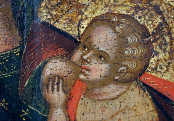 Scuola veneto-cretese del XVII secolo, Madonna del latte, olio su tavola, cm 38,7x32,8, (difetti)