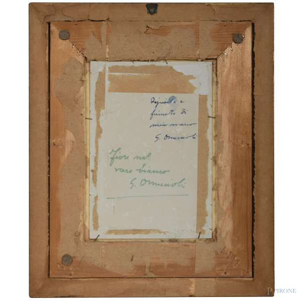 Fiori nel vaso bianco, XX secolo, tecnica mista su cartoncino, cm 24x16,5, firmato in basso, firm...