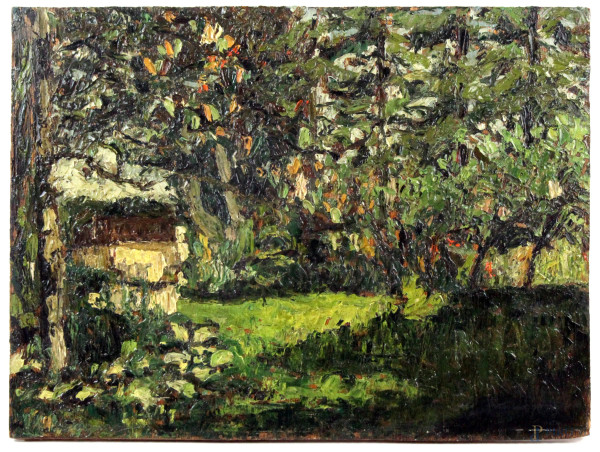Paesaggio con casa, olio su tavola, XX secolo, cm 24,5x32,5