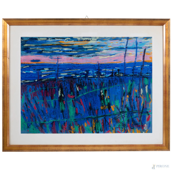 Antonio Corpora (1909-2004), Campo di grano, tecnica mista su carta, cm 68x88 compreso passepartout , firmato, titolato e datato "1988" in basso a destra, entro cornice