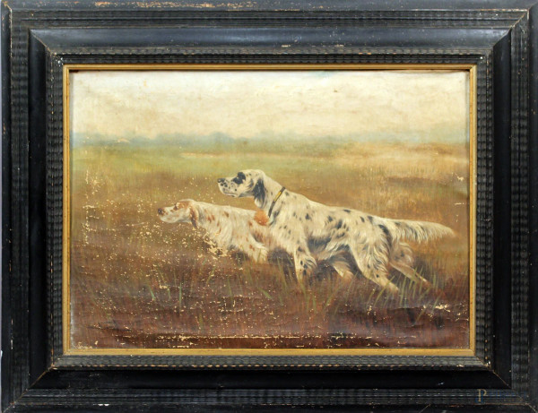Paesaggio con cani, olio su tela, cm. 50x70, firmato Norfini, entro corncice, (difetti sulla tela).