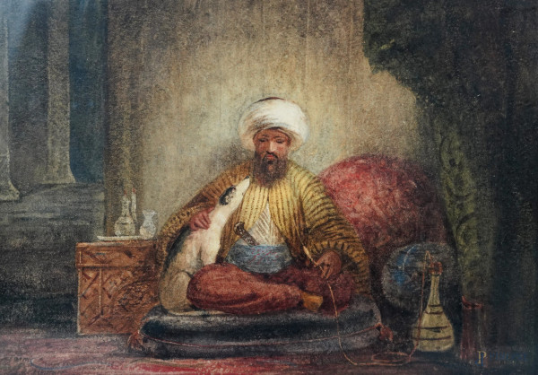 Uomo in abiti tradizionali che fuma il narghilè, acquerello su carta, XX secolo, cm 17x21 entro c...