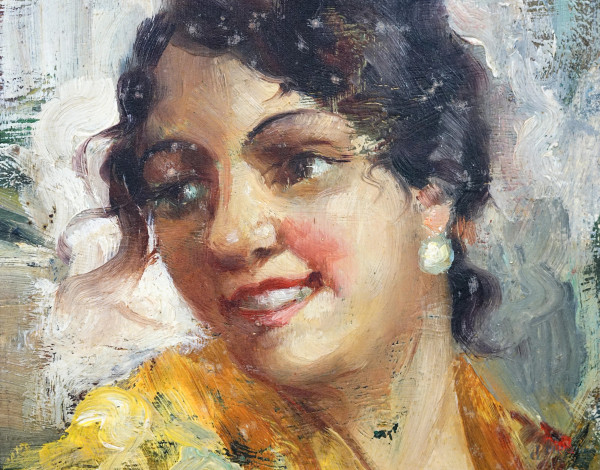 Ritratto di donna, XIX-XX secolo, olio su cartone, firmato in basso a sinistra, cm 14,5x12, entro...