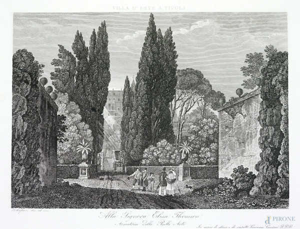 Villa d'Este a Tivoli, incisione di Gaetano Cottafavi (attivo a Roma tra il 1828 e il 1864), cm 31,5x38,5 (gore)