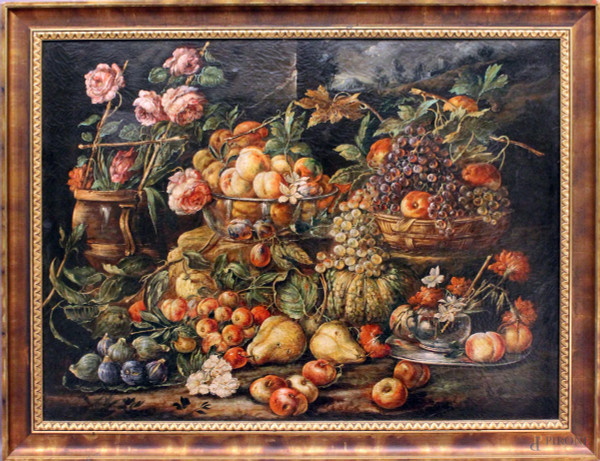 Natura morta cesti di frutta, scuola Pierre Dupuis ad olio su tela 90x120 cm, XVIII sec, entro cornice coeva.