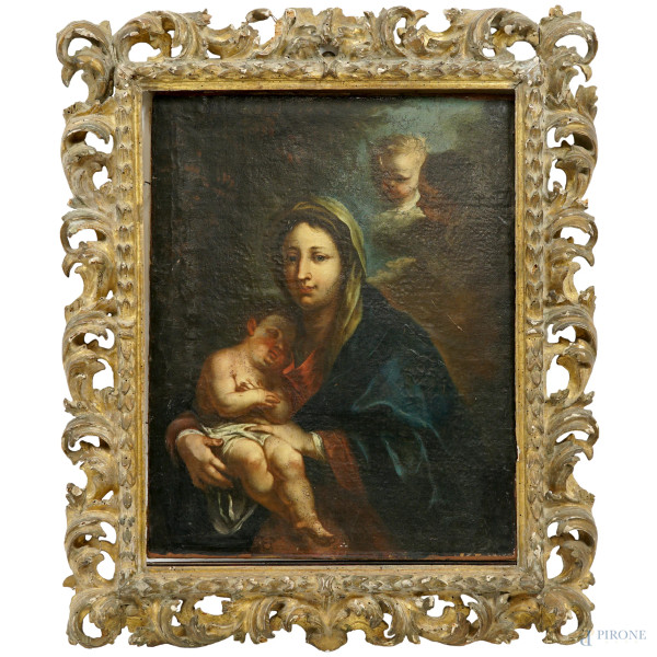 Scuola dell'Italia centro-meridionale del XVIII secolo, Madonna con Bambino, olio su tela, cm 63,5x50, entro cornice.