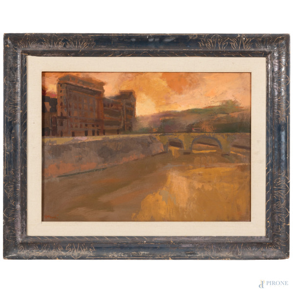 Ugo Attardi (1923-2006), Tevere, XX secolo, olio su tela, cm 50x70, entro cornice, firmato al fronte e al retro, (lievi sollevamenti di colore)