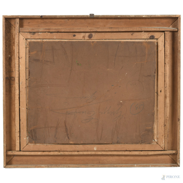 Gregge al tramonto, XX secolo, olio su cartone, cm 39x48, entro cornice, (lievi segni di usura, c...